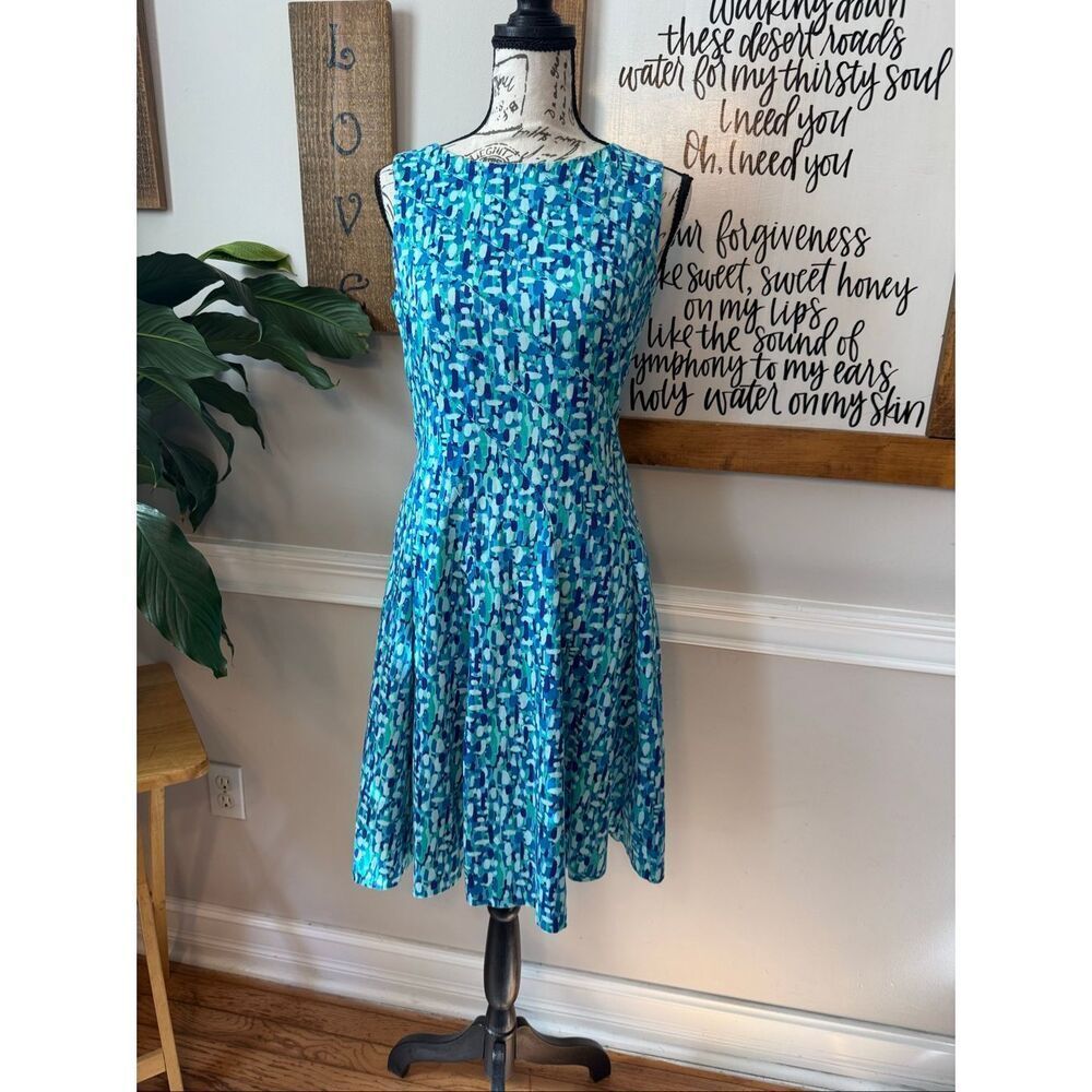 Calvin Klein Women's Abstract Pleated Fit and Flare Midi Dress Blue Green Size 2